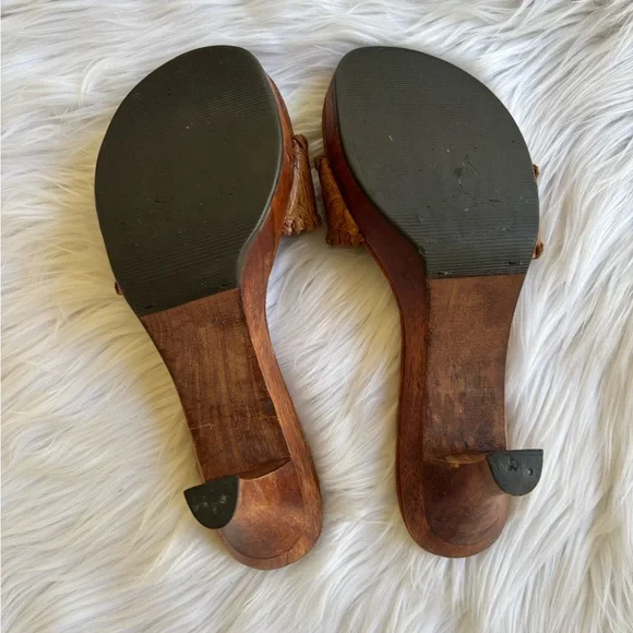 Steve Madden Donna Leather Slide Sandals Brown Wood Heel Boho Mules Size 8.5 - Picture 5 of 7